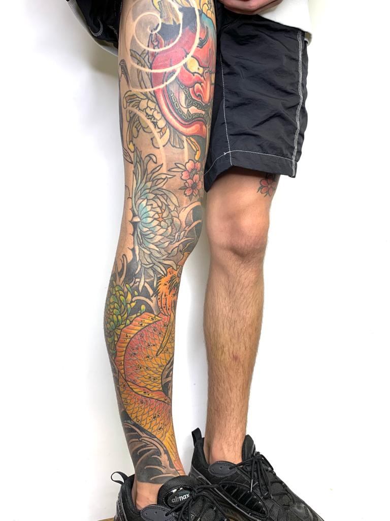 Colour Japanese dragon and koi leg sleeve tattoo, Perth Western Australia