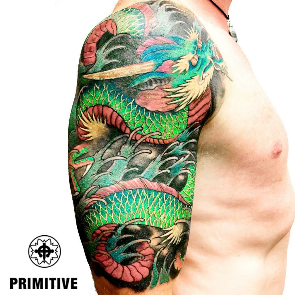 Colour Japanese dragon half sleeve tattoo, Perth Western Australia