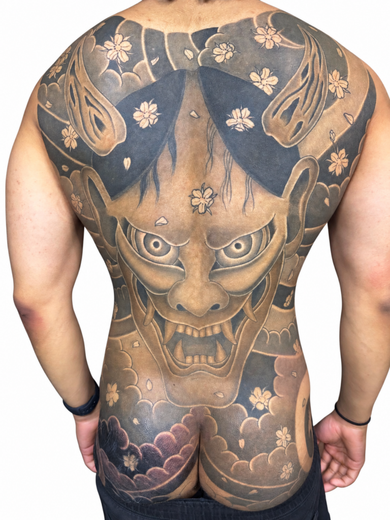 Japanese Hannya mask full back piece tattoo – Primitive Tattoo Perth
