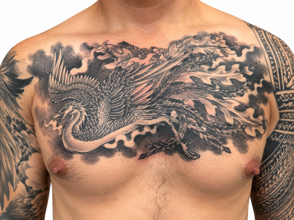 Japanese phoenix chest panel tattoo – Primitive Tattoo Perth