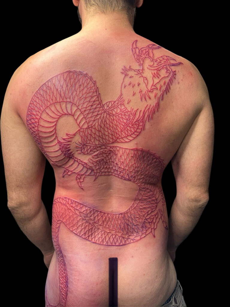 Japanese red dragon back piece tattoo outline in progress – Primitive Tattoo Perth