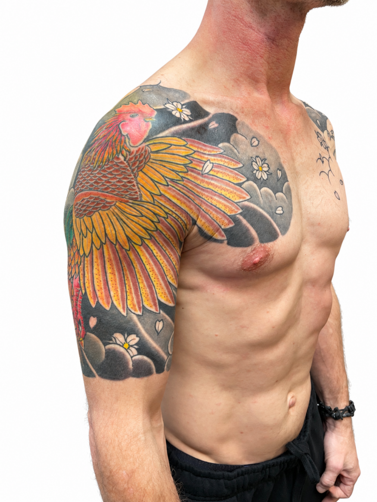 Japanese phoenix shoulder and chest tattoo in colour – Primitive Tattoo Perth