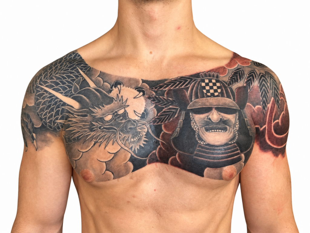 Japanese dragon and samurai mask chest panel tattoo – Primitive Tattoo Perth