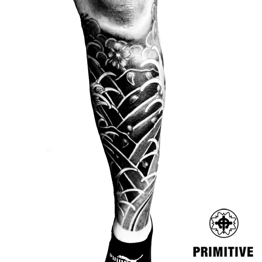 Japanese Waves and Wind Bars Leg Sleeve tattoo, Perth Western Australia
