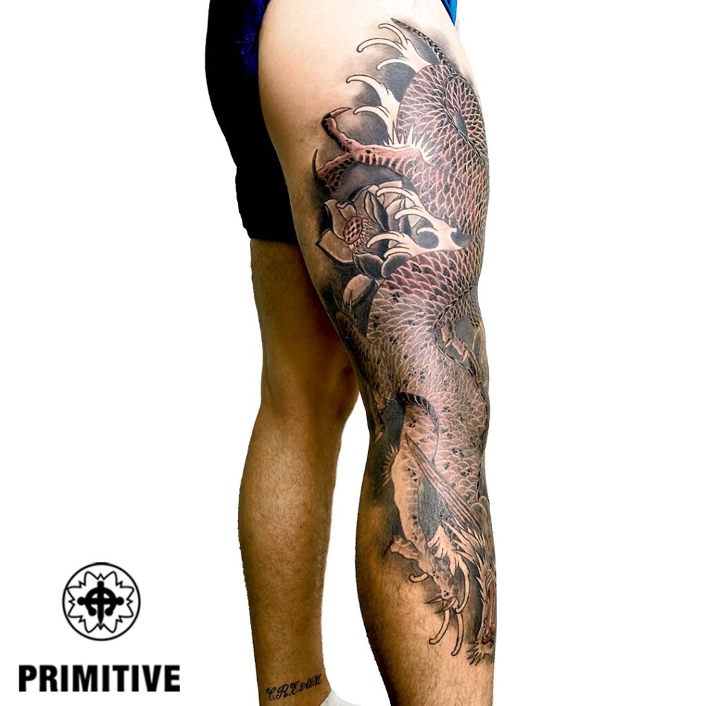 Japanese Black and Grey Leg Sleeve tattoo, Perth Western Australia