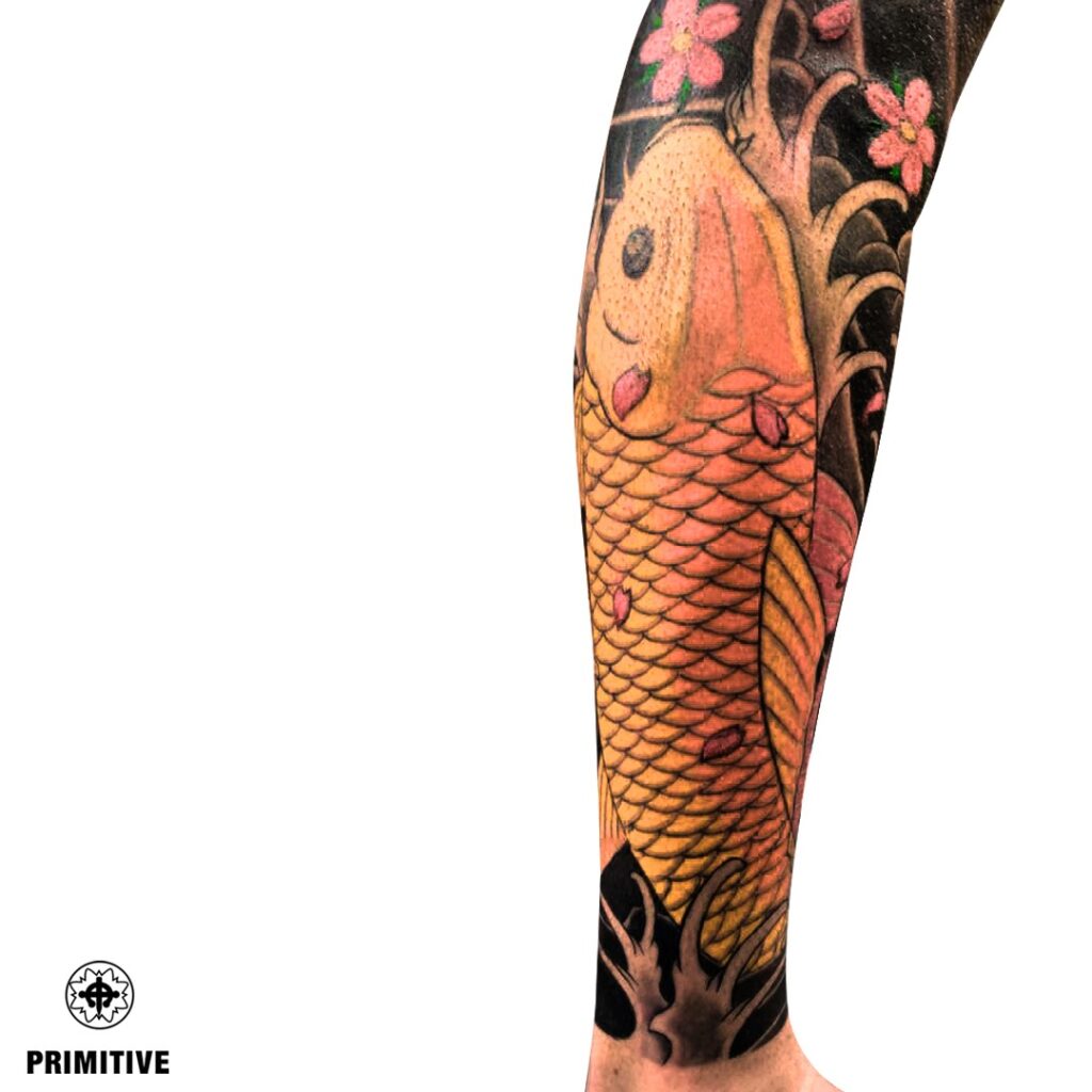Japanese Koi Lower Leg Sleeve tattoo, Perth Western Australia