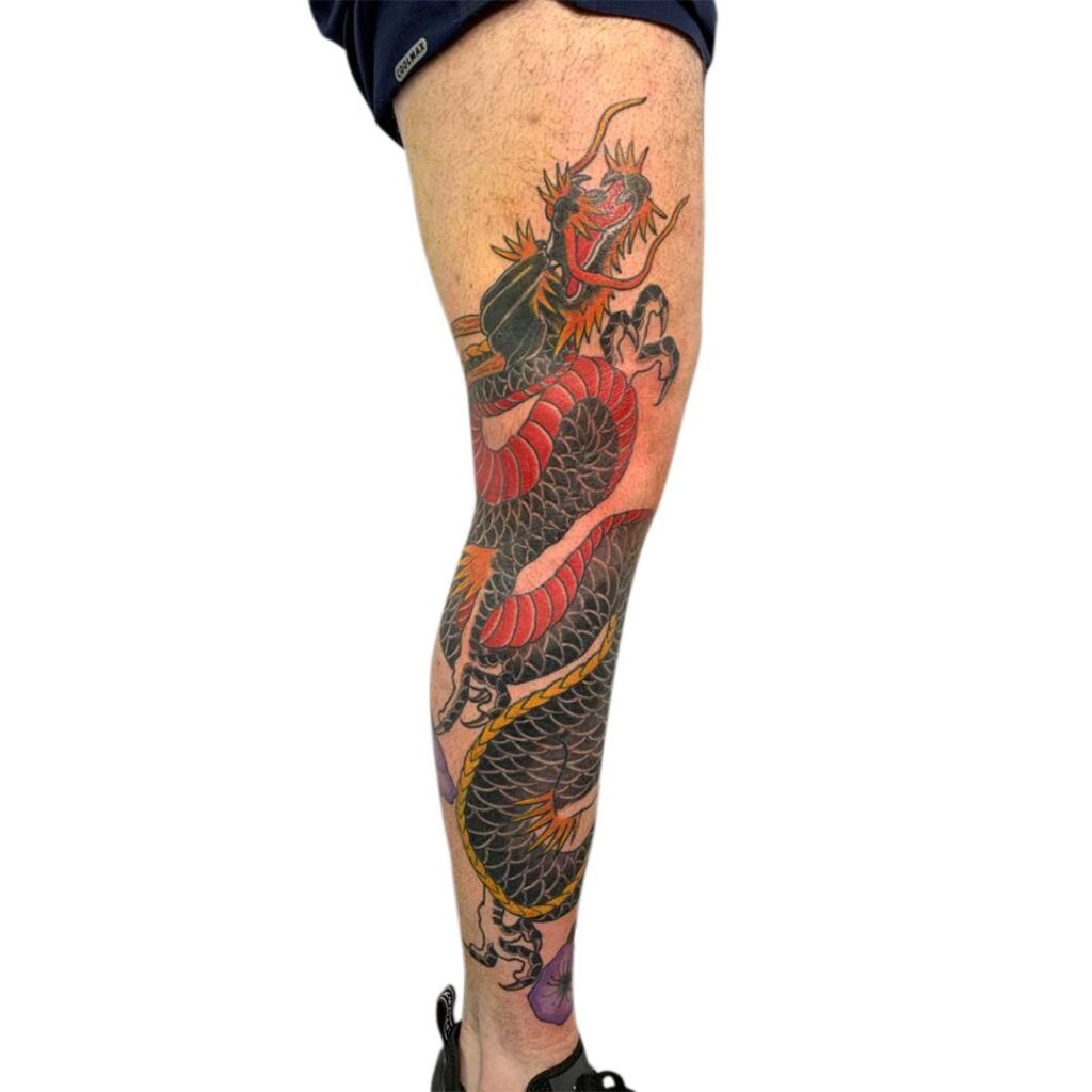 Japanese Red Dragon Leg Sleeve tattoo, Australia