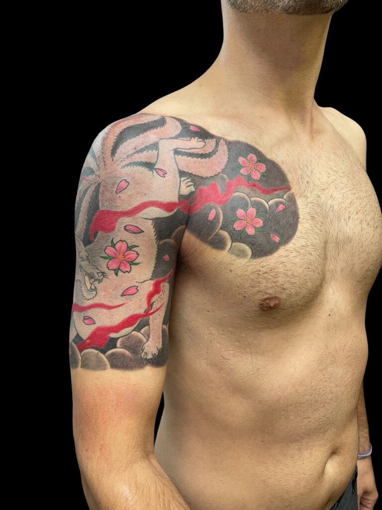 Japanese Kitsune fox and cherry blossom half sleeve tattoo – Primitive Tattoo Perth