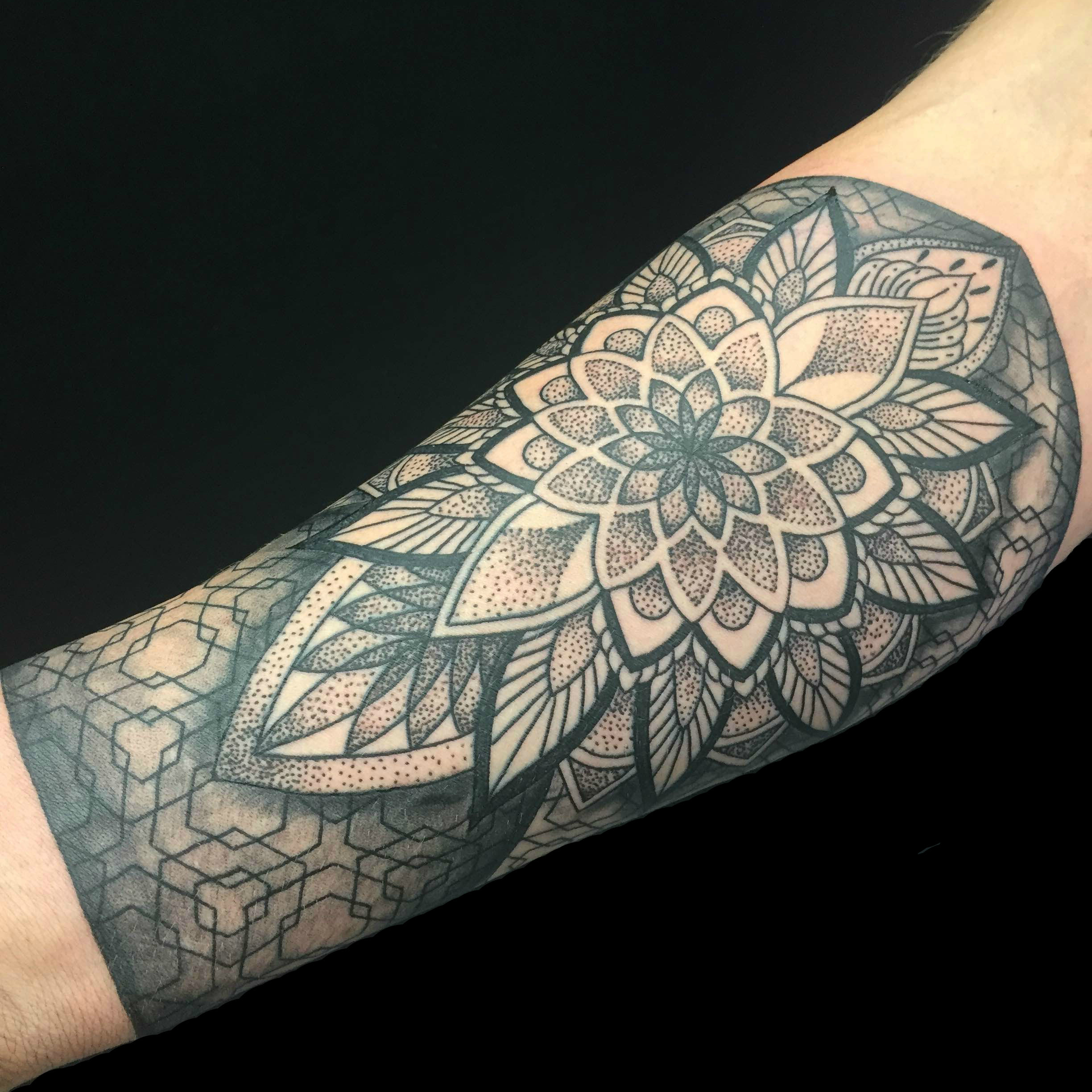 Mandala and geometric dotwork arm tattoo, Perth