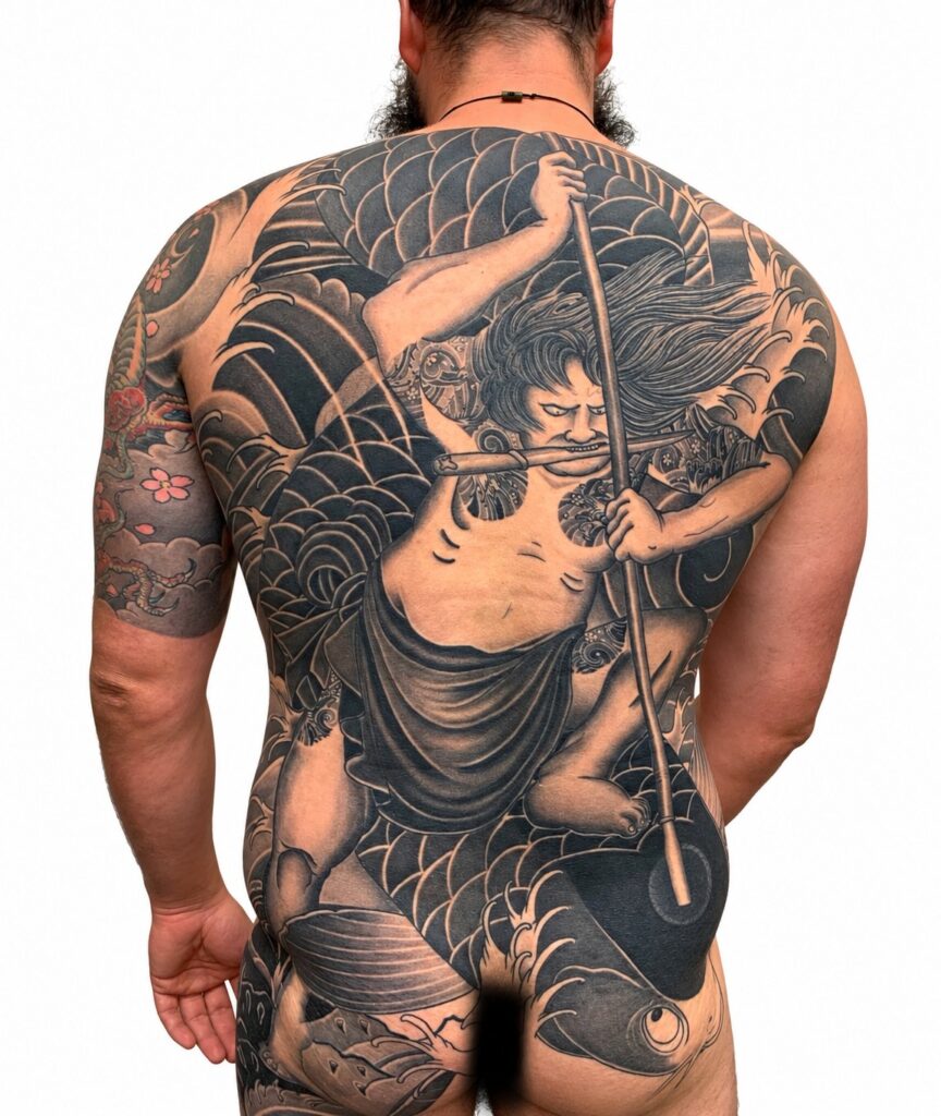 Japanese Warrior Riding Koi Back Piece tattoo, Perth Western Australia